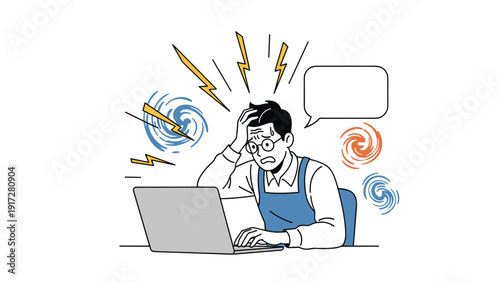 Stressed man in an apron at a laptop computer surrounded by lightning bolts and swirls with a blank speech bubble.