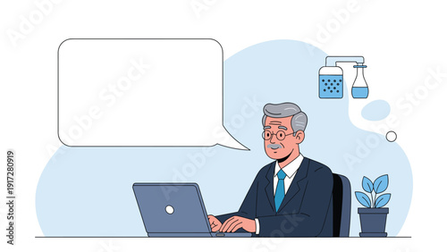 Senior businessman in a suit at a laptop looking at a thought bubble showing laboratory flasks and chemical equipment.