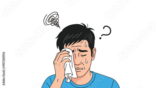 Young man looking tired or hot while wiping sweat from his forehead with a white cloth, with a question mark above him.