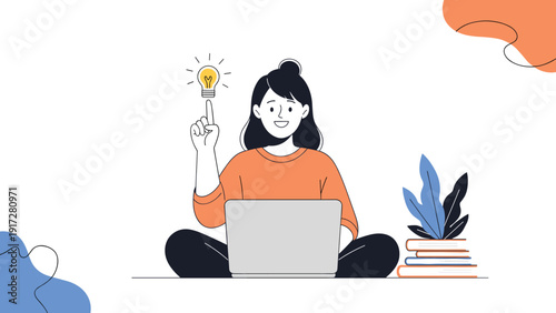 Young woman at a laptop pointing up to a glowing lightbulb idea icon with a stack of books and plants on the desk.