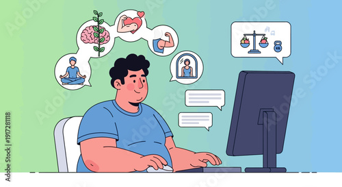 Man working on computer with icons of health, mindfulness and progress