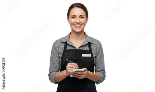 Smiling waitress or food service woman taking a note, isolated on transparent background, PNG
