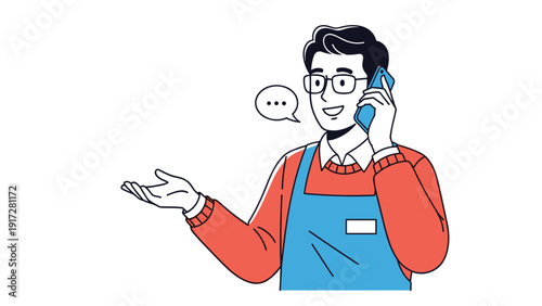 Male worker in a red sweater and blue apron talking on a mobile phone and gesturing with his free hand for service.