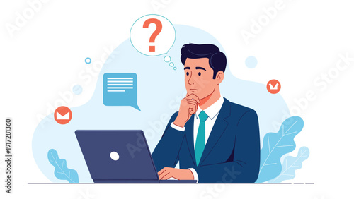 Pensive businessman sitting at his desk with a laptop and having a question mark in a thought bubble above his head.