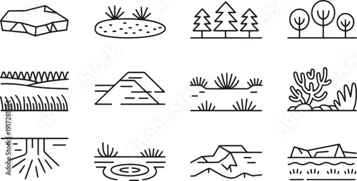 Geographic landscape and terrain icons illustrating mountains forests coral reefs and wetlands