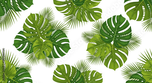 Tropical Monstera and Palm Leaf Seamless Pattern, Flat Vector Exotic Jungle Plant Illustration