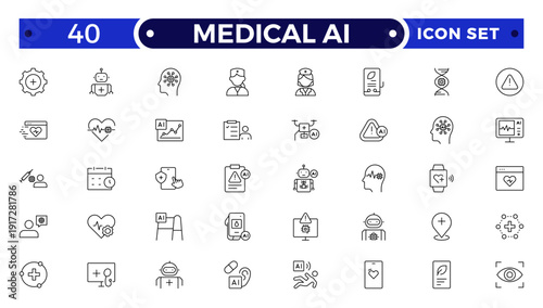 Medical AI outline icon. Set of medical technology related line icons. Digital, innovation, tech, healthcare etc.