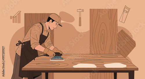 Craftsman Sanding Wood Surface with Power Tool, Woodworking Concept