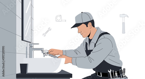 Plumber fixing faucet in bathroom with tools, flat illustration
