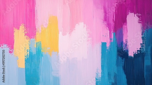 A vibrant abstract painting featuring a blend of pink, blue, yellow, and white brush strokes, evoking a sense of creativity and emotion.