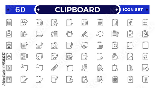 Clipboard outline Icons. Task line icon set. Project, job, voting, workflow, checklist, poll, multitasking, decision and more.