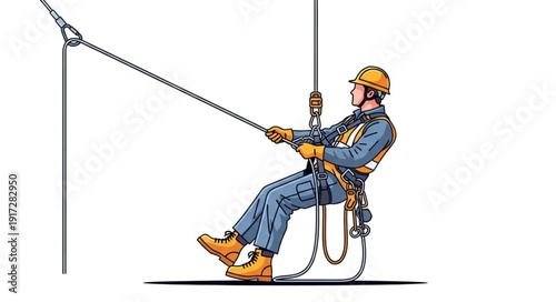 Man in Harness Climbing Rope.