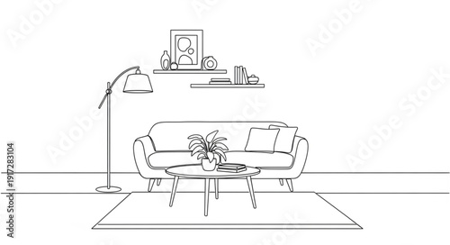 Minimalist living room sketch with sofa and lamp.