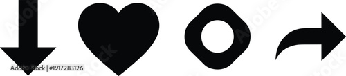 Set of black flat minimalist icons including download arrow heart love symbol circle and share curved arrow isolated on white