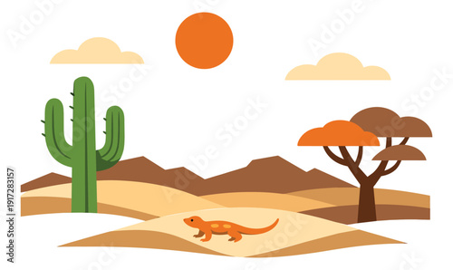 Flat illustration of a desert landscape depicting a lizard, cactus, and mountains for nature and environment concepts