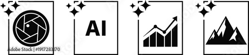 Set of creative design icons featuring camera lens aperture, AI text, growth chart, and mountain landscape with stars for editing
