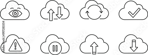 Set of line icons for cloud computing including data upload download synchronization security warning check mark and cloud storage isolated
