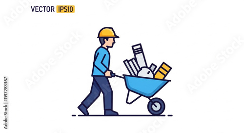 Man Pushing Wheelbarrow with Tools.
