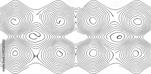Abstract black and white organic linework pattern with concentric swirls and topographic wave shapes for minimalist modern background design isolated