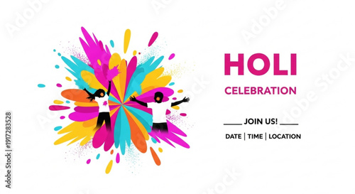 Vibrant holi celebration invitation with colorful paint splashes and dancing figures