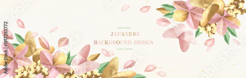 和風の桜と菜の花の背景デザイン。立体的な折り紙風の桜と花びら、金箔をあしらった和紙テクスチャ。（ベクター、イラスト）