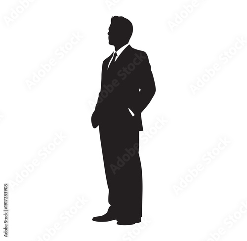 silhouette of a man in a business suit standing with hands in pockets looking ahead
