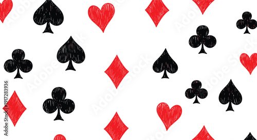 Set of hand drawn playing card suits including red hearts diamonds and black spades clubs with grunge sketch texture isolated