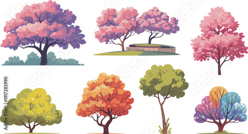 Collection of colorful seasonal trees illustration, spring blossom and autumn foliage park landscapes isolated on white background, decorative nature clipart set