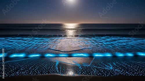 Bioluminescent ocean wave at night, glowing blue water