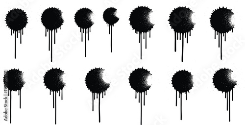 Set of black spray paint drip circles, urban street art ink splatters, grunge textured blobs, graffiti style liquid stains on white