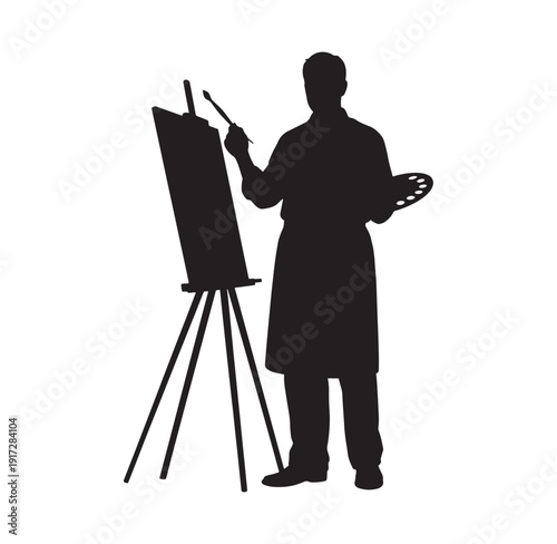 Silhouette of a man painting on an easel with a palette in his hand