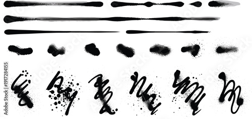 Set of black spray paint graffiti elements including long drips, ink splatters, urban street art lines, and messy scribbles on white