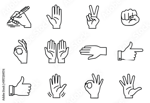 Hand drawn line art hand gestures set featuring various human hand poses for communication concepts