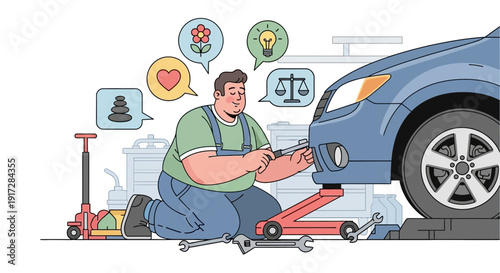 Mechanic fixing a car with icons representing balance, health, and ideas