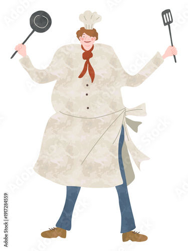 コックコートを着てフライパンとフライ返しを持つシェフのイラスト