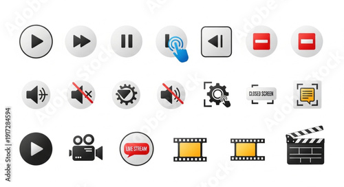 Collection of multimedia icons and symbols for digital media playback.