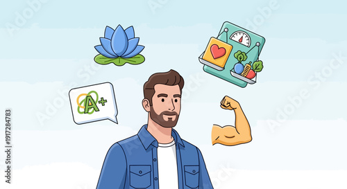 Man contemplating healthy lifestyle choices like nutrition, fitness, and mental wellness