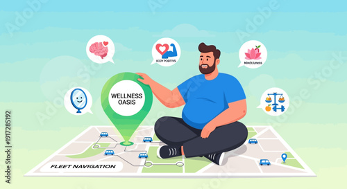 Man sitting on map showing navigation to wellness oasis with icons