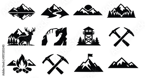 Simple glyph mountain and adventure icons set featuring peaks, deer, campfire, and ice axes for outdoor exploration
