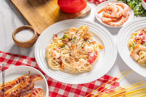 Photography Shrimp scampi pasta with chicken. Italian food for dinner