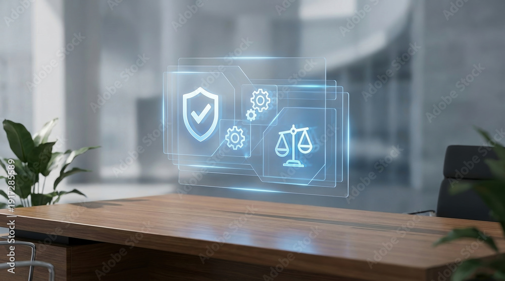 Obraz premium compliance security law regulation governance technology business professional legal scales and shield hologram interface on a modern office desk for risk management and ethics.