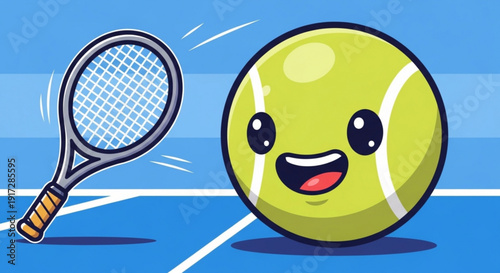 Smiling Tennis Ball with Racket on Court
