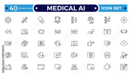 Medical AI outline icon. Set of medical technology related line icons. Digital, innovation, tech, healthcare, etc. Editable stroke outline icon.
