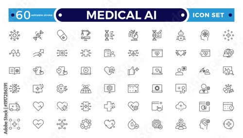 Medical AI outline icon. Set of medical technology related line icons. Digital, innovation, tech, healthcare, etc. Editable stroke outline icon.
