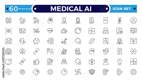 Medical AI outline icon. Set of medical technology related line icons. Digital, innovation, tech, healthcare, etc. Editable stroke outline icon.
