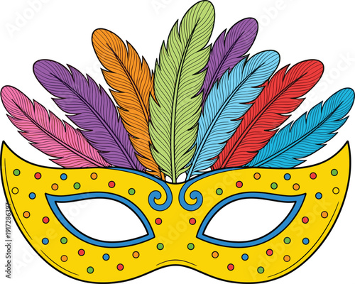 Colorful Carnival Masquerade Mask Illustration with Vibrant Feathers Isolated on White Background for Mardi Gras Party Invitation Festive Celebration Cultural Event and Decorative Design