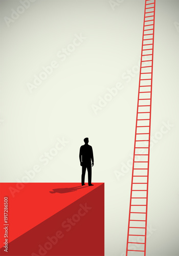Silhouette of a man standing on a red cliff looking up at a tall red ladder