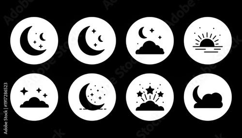 Ramadan Time and Sky Solid Black Icon Set with White Circle Background Vector