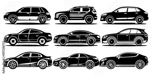 Black car silhouette icons set featuring sedan and hatchback vehicles, front and side view transportation, automotive traffic vector flat illustrations