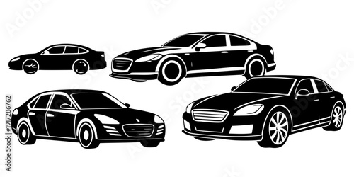 Black car silhouette icons set featuring sedan and hatchback vehicles, front and side view transportation, automotive traffic vector flat illustrations